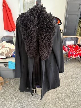 Laundry By Shelli Segal Black Pea Coat with Faux Shearling Collar